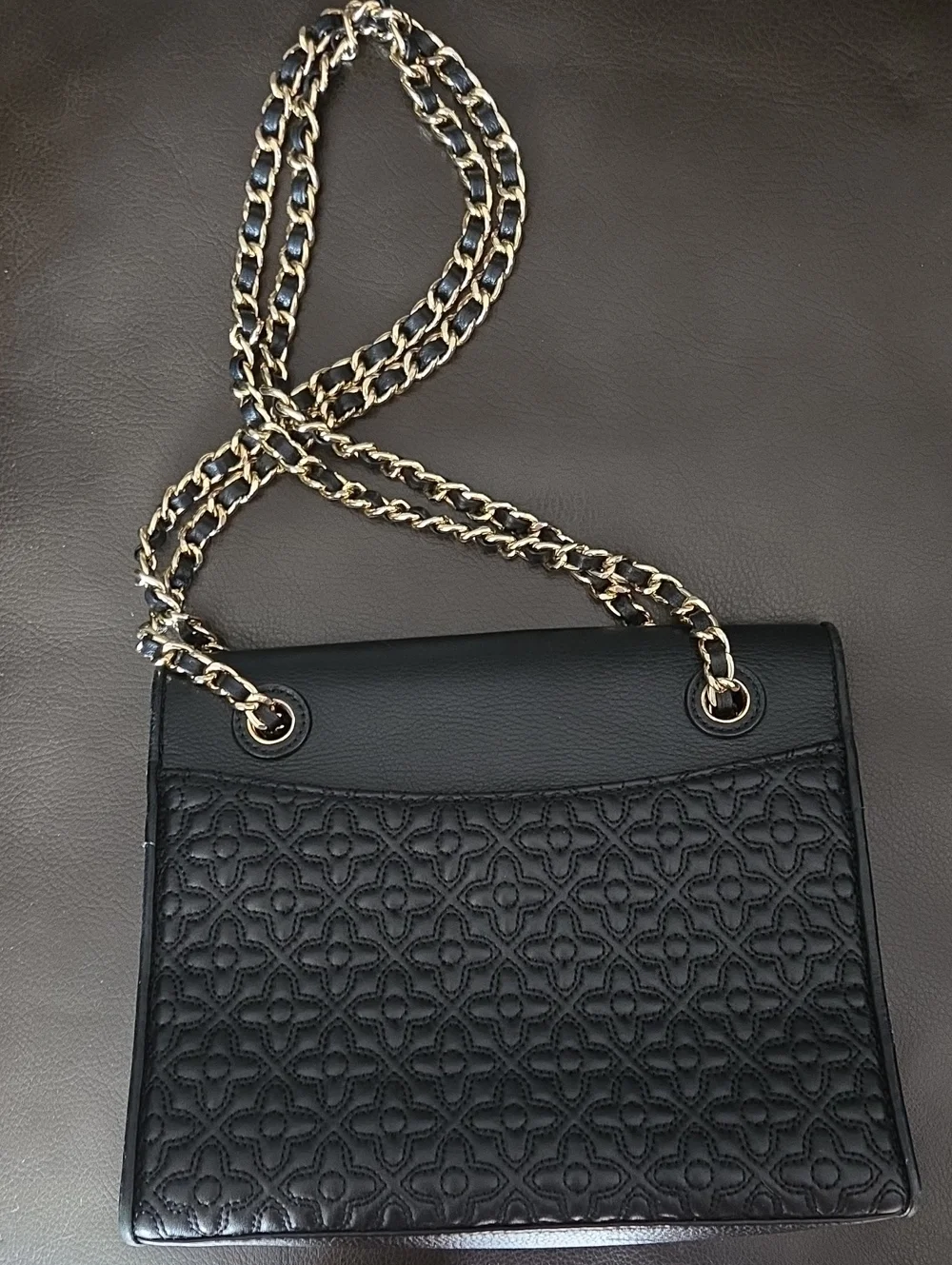 Tory Burch Black Embossed Double Gold Chain Strap Flap Convertible Bag